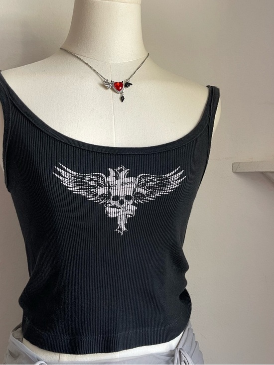 Vintage Tops - Vintage Black Ribbed Tank Top with White Winged Skull Graphic